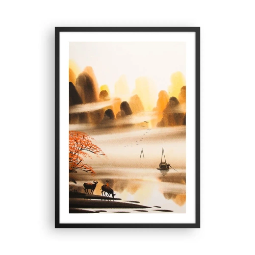 Plagát v čiernom ráme - Orientálna horská krajina v hmle s loďkou a zvieratami - 50x70cm - Ďalej ako na Ďalekom východe - Moderná nástenná dekorácia do obývacej izby a spálne ARTTOR