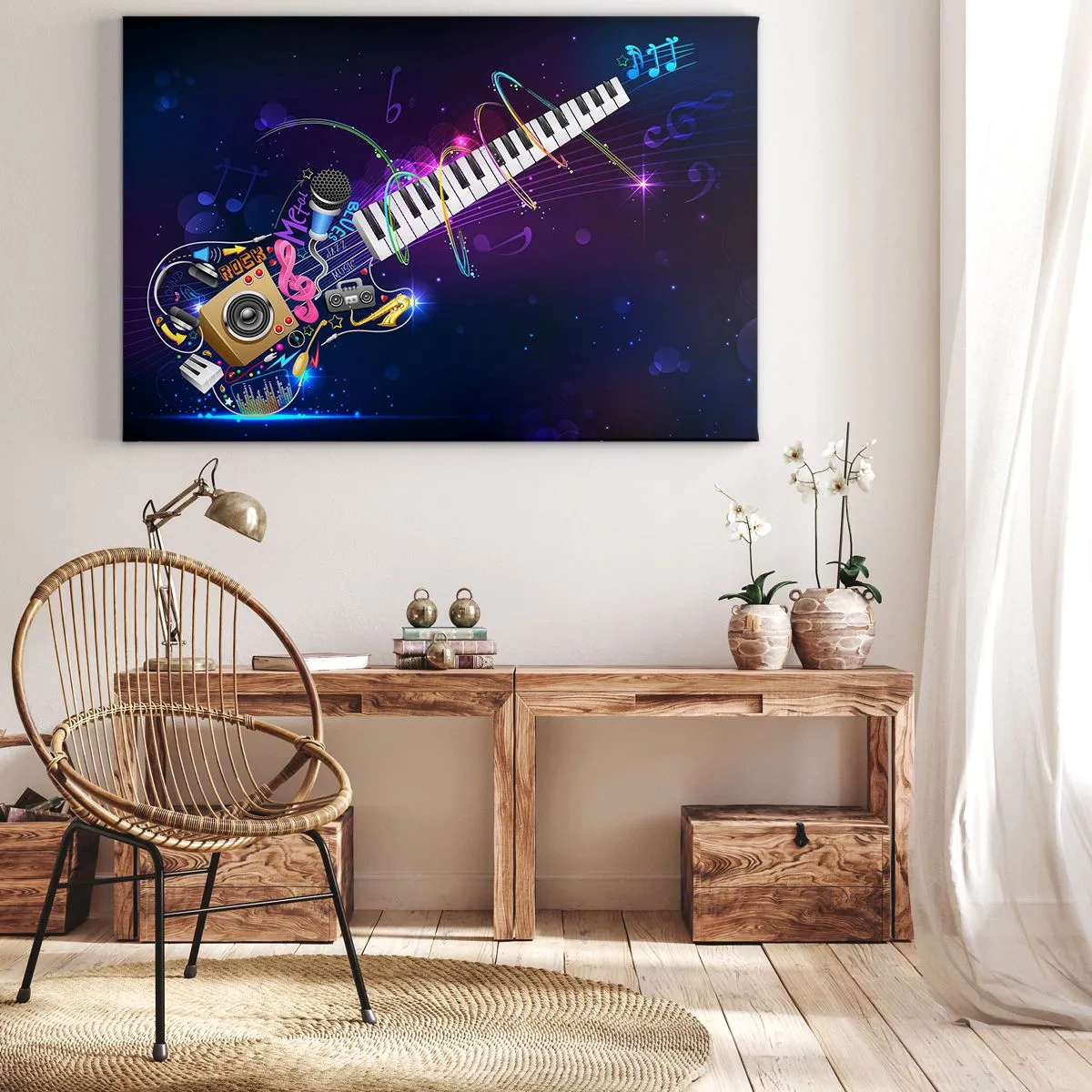 Obraz na plátne - Farebná gitara s klávesnicou a mikrofónom na tmavom pozadí. - 70x50cm - A všetko hrá - Moderná nástenná dekorácia do obývacej izby a spálne ARTTOR