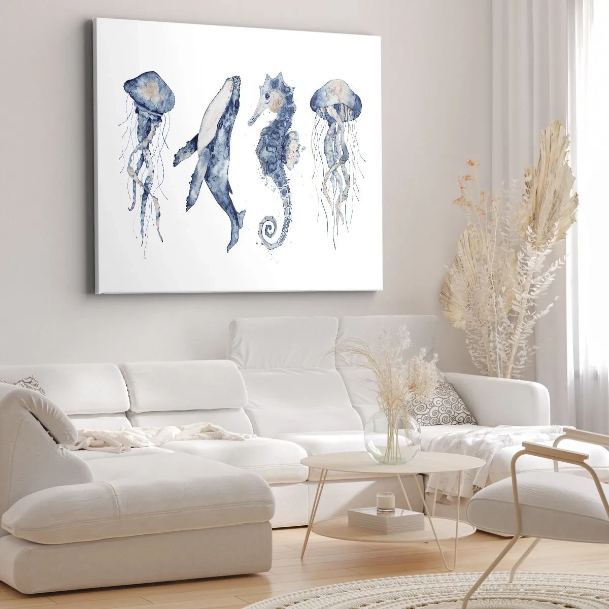 Obraz na plátne - Medúza, veľryba a morský koník v akvarelovom štýle - 70x50cm - Morská divočina - Moderná nástenná dekorácia do obývacej izby a spálne ARTTOR