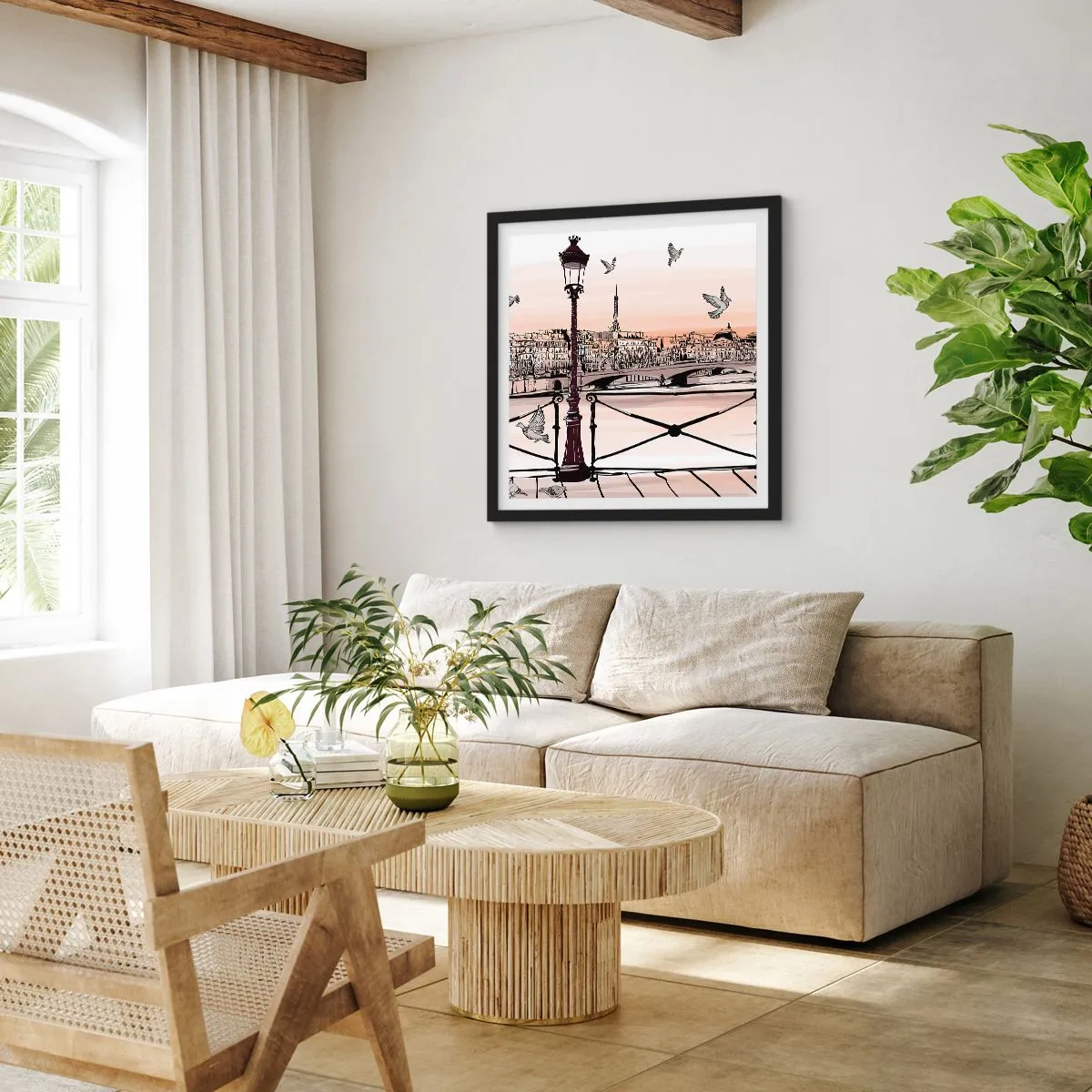 Plagát v čiernom ráme - Nad strechami Paríža - 40x40 cm