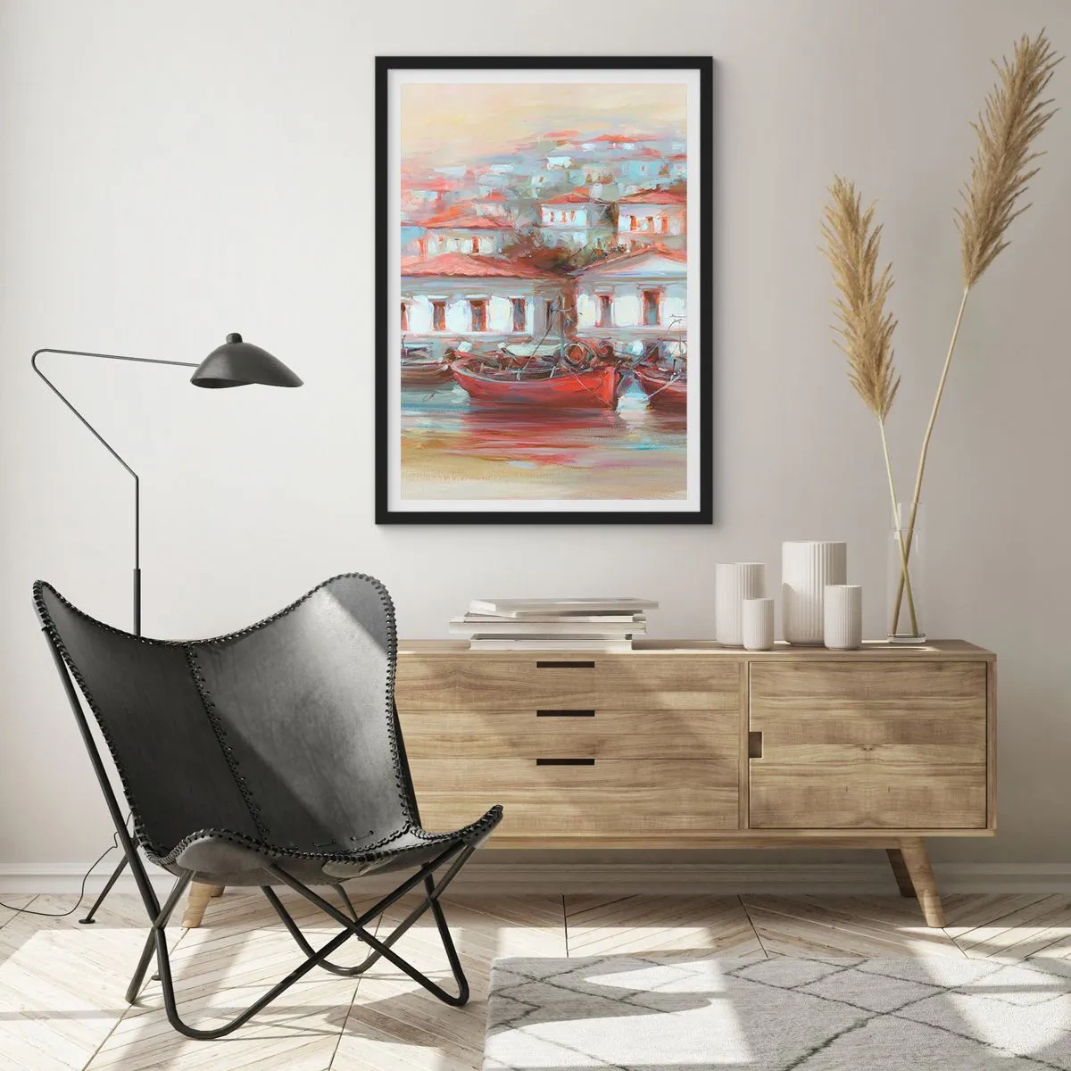 Plagát v čiernom ráme - Farebné mestečko s loďkami na brehu - 50x70cm - Šťastné mestečko - Moderná nástenná dekorácia do obývacej izby a spálne ARTTOR