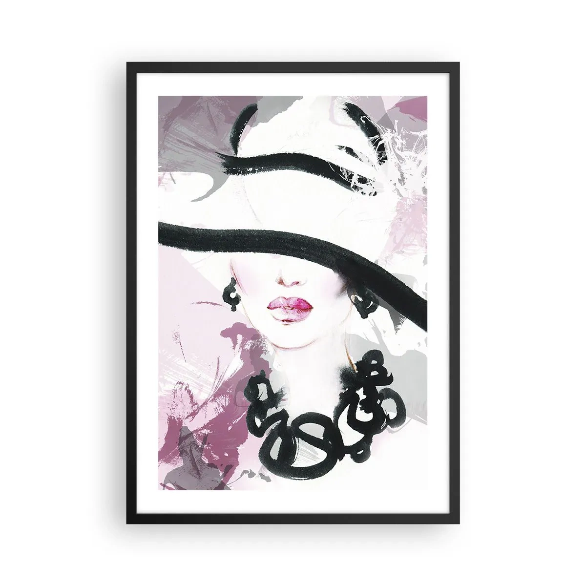 Plagát v čiernom ráme - Elegantná ilustrácia ženskej tváre v odtieňoch ružovej a čiernej. - 50x70cm - Portrét dámy v čiernej a ružovej - Moderná nástenná dekorácia do obývacej izby a spálne ARTTOR