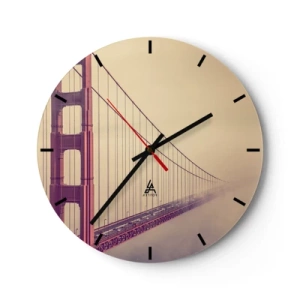 Nástenné hodiny - Most Golden Gate v hmlistom pozadí - 30x30cm - Medzi nebom a zemou - Moderná nástenná dekorácia do obývacej izby, kuchyne a spálne ARTTOR