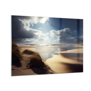 Obraz na skle - Divoká pláž osvetlená slnečnými lúčmi spod oblakov - 70x50cm - Pláž, divoká pláž - Moderná nástenná dekorácia do obývacej izby a spálne ARTTOR