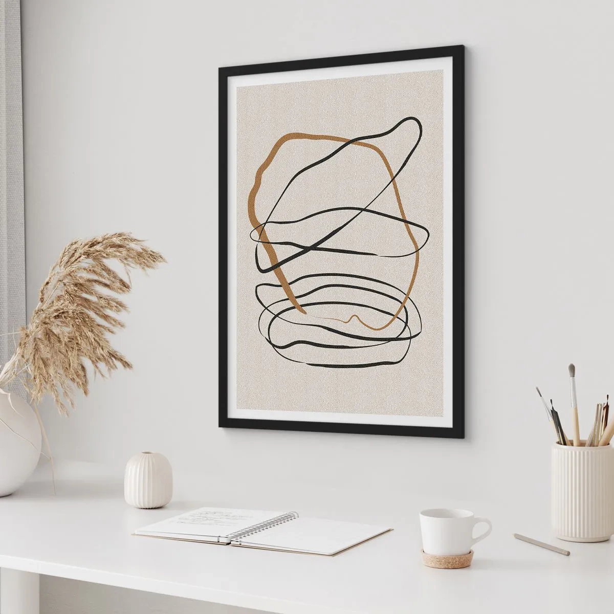 Plagát v čiernom ráme - Minimalistická abstrakcia s dynamickými líniami - 50x70cm - Kompozícia – tanec v slučke - Moderná nástenná dekorácia do obývacej izby a spálne ARTTOR
