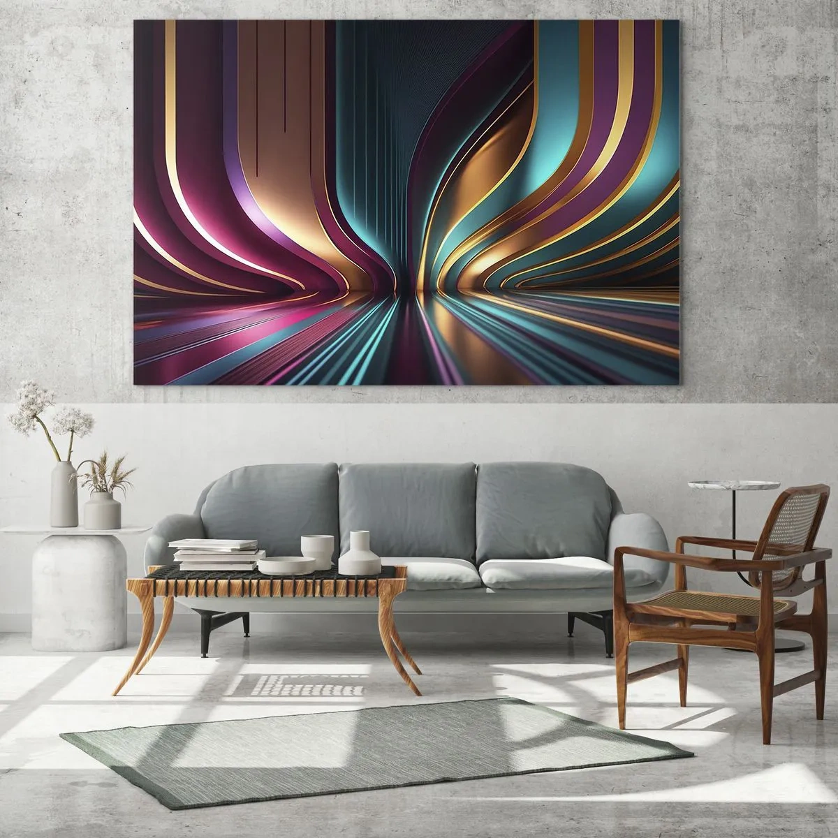 Obraz na skle - Farebné svetelné línie vytvárajúce futuristické tvary - 70x50cm - Architektúra svetla - Moderná nástenná dekorácia do obývacej izby a spálne ARTTOR