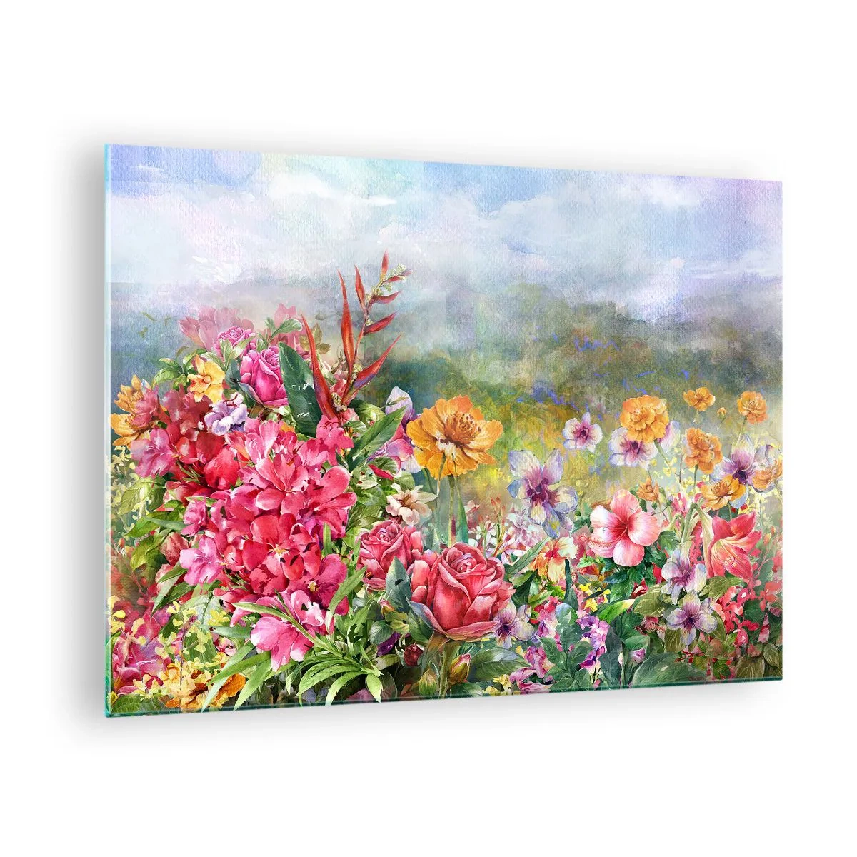 Obraz na skle - Kytica farebných kvetov na pozadí malebnej krajiny - 70x50cm - Záhrada, ktorá sa zbláznila - Moderná nástenná dekorácia do obývacej izby a spálne ARTTOR