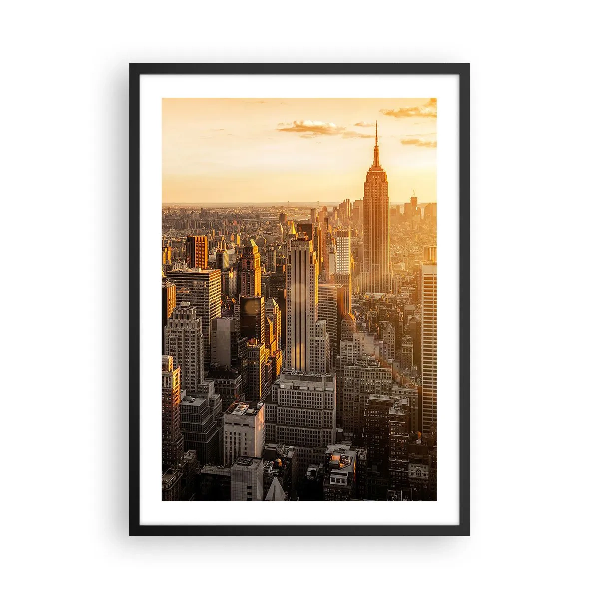 Plagát v čiernom ráme - Panoráma Manhattanu pri západe slnka z Empire State Building - 50x70cm - Rast na slnku - Moderná nástenná dekorácia do obývacej izby a spálne ARTTOR
