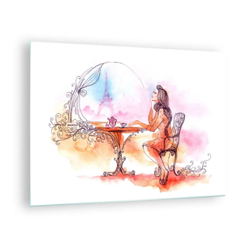 Obraz na skle - Žena pri stole s výhľadom na Eiffelovu vežu v pastelových tónoch - 70x50cm - Parížska elegancia - Moderná nástenná dekorácia do obývacej izby a spálne ARTTOR