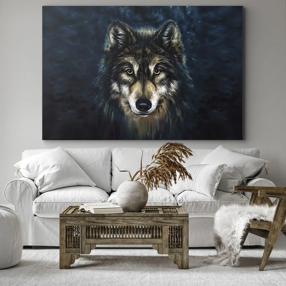 Obraz na plátne - Portrét vlka na tmavomodrom pozadí - 70x50cm - Alfa? A omega - Moderná nástenná dekorácia do obývacej izby a spálne ARTTOR