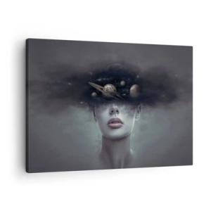 Obraz na plátne - Ženská tvár s motívom planéty a vesmíru v pozadí - 70x50cm - A planéty… - Moderná nástenná dekorácia do obývacej izby a spálne ARTTOR