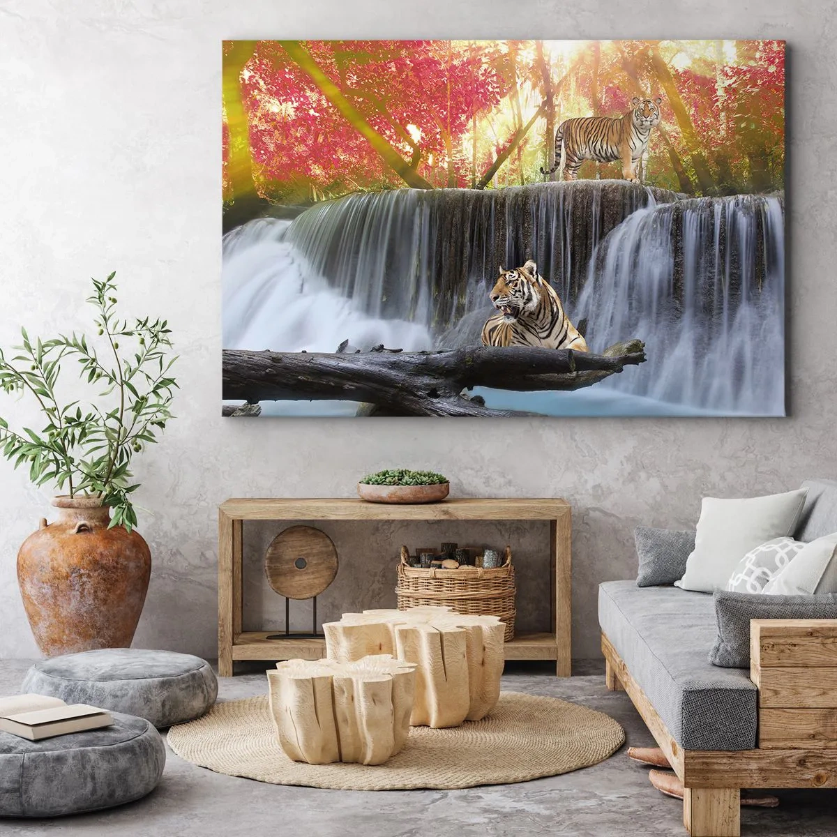 Obraz na plátne - Tigre pri vodopáde v jesennom lese - 70x50cm - Surrealistická krajina - Moderná nástenná dekorácia do obývacej izby a spálne ARTTOR