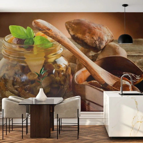 Samolepiaca Fototapeta Deluxe Sticker - Či už čerstvý alebo solený, alebo jesenný… - Gastronómia, Huby, Kuchyňa - 450x315 cm