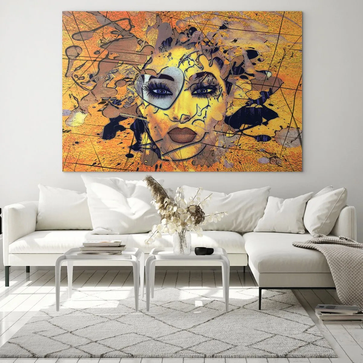 Obraz na skle - Abstraktná ženská tvár v zlatooranžových tónoch - 70x50cm - Slnečná krása - Moderná nástenná dekorácia do obývacej izby a spálne ARTTOR