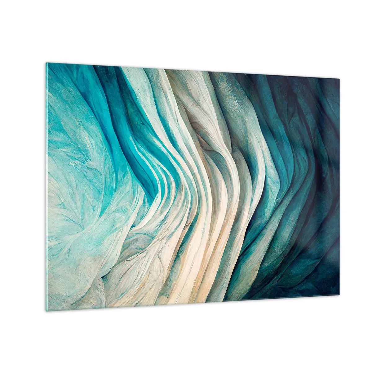 Obraz na skle - Abstraktné vlny v odtieňoch modrej a béžovej - 70x50cm - Modrá neukojiteľnosť - Moderná nástenná dekorácia do obývacej izby a spálne ARTTOR
