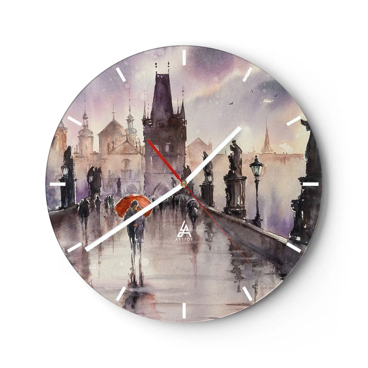 Nástenné hodiny - Romantická scéna na moste v daždi s oranžovým dáždnikom - 30x30cm - Ľudia sa nemenia - Moderná nástenná dekorácia do obývacej izby, kuchyne a spálne ARTTOR