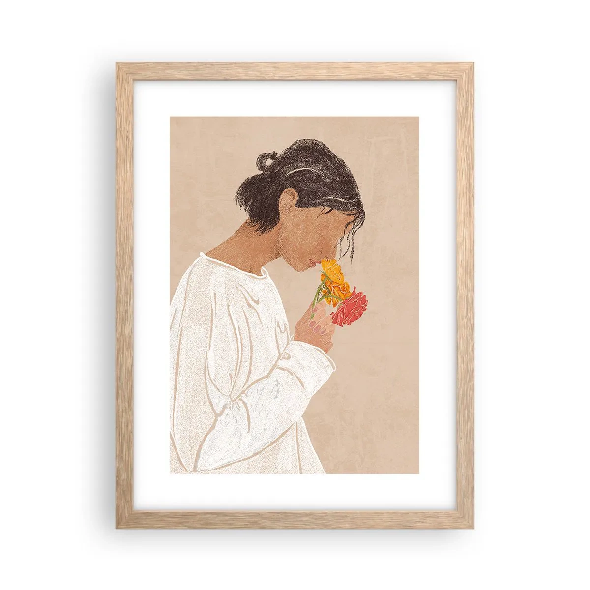 Plagát v ráme zo svetlého duba - Dievča a kvety - 30x40 cm