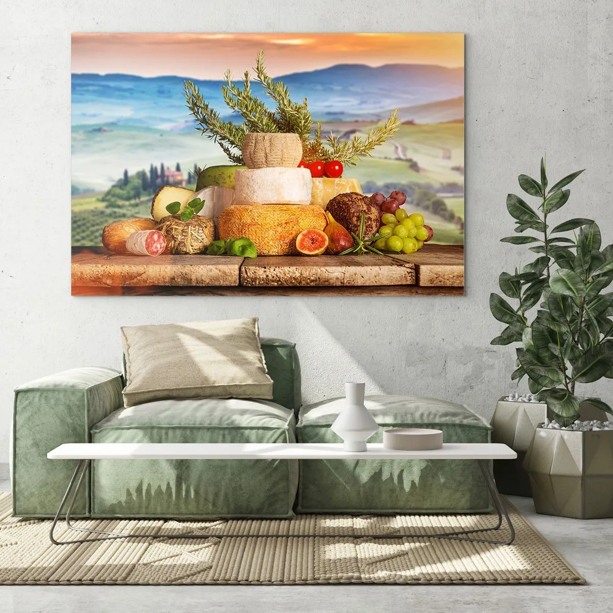 Obraz na skle - Kompozícia syrov a ovocia na pozadí toskánskej krajiny - 70x50cm - Talianska radosť zo života - Moderná nástenná dekorácia do obývacej izby a spálne ARTTOR