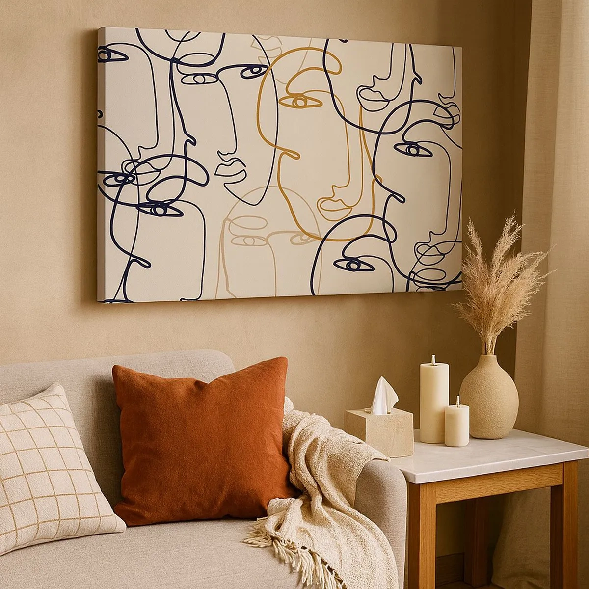 Obraz na plátne - Minimalistické linkové umenie tvárí na svetlom pozadí - 70x50cm - Portrét znásobený - Moderná nástenná dekorácia do obývacej izby a spálne ARTTOR