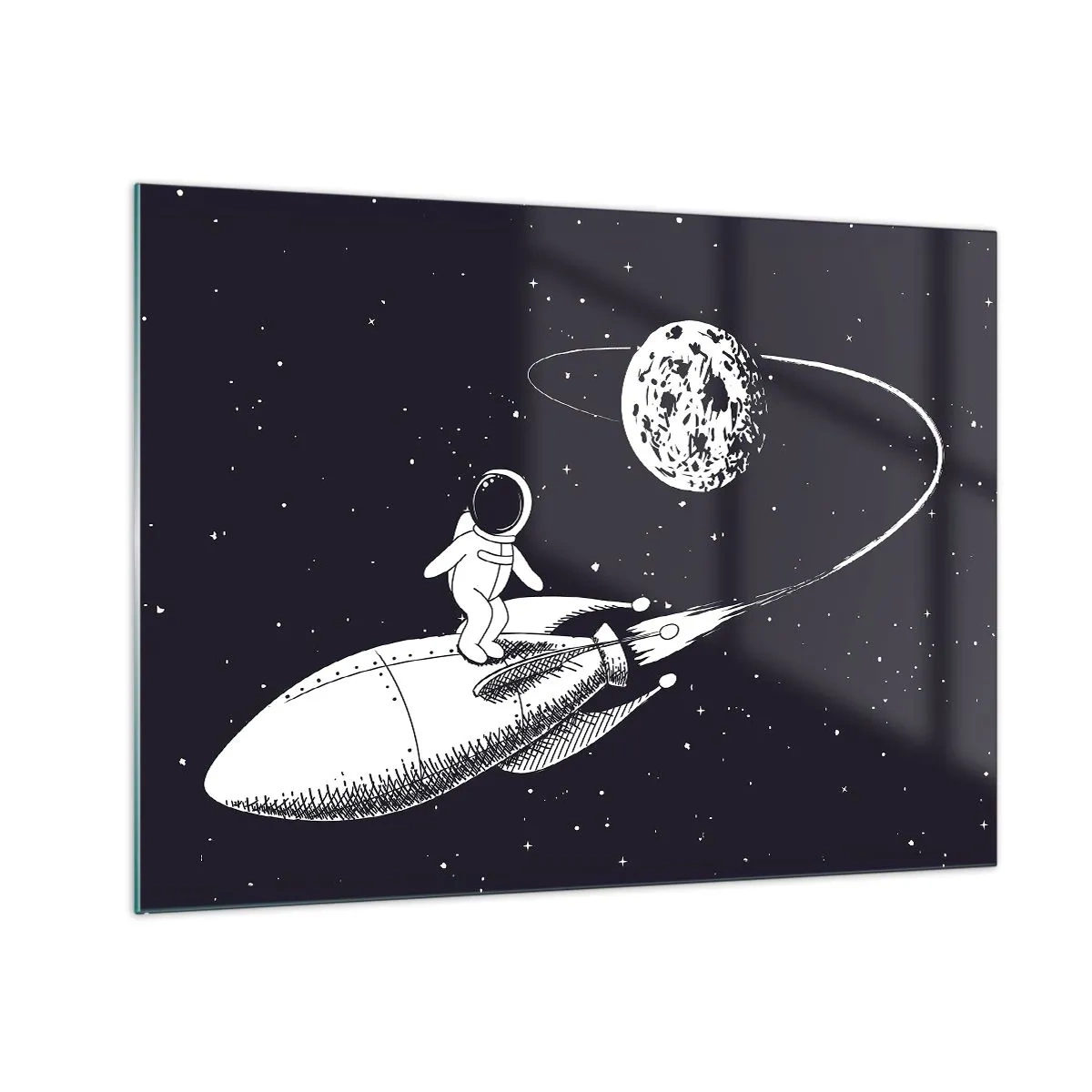 Obraz na skle - kreslený film, astronaut, surfovanie, do, interval, prostredníctvom, jeden, raketa - 70x50cm - Vesmírny surfista - Moderná nástenná dekorácia do obývacej izby a spálne ARTTOR