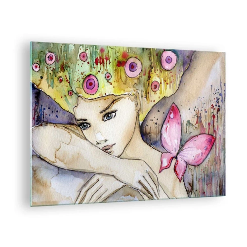 Obraz na skle - Portrét ženy s farebným účesom a motýľom v akvarelových farbách - 70x50cm - Motýlia princezná - Moderná nástenná dekorácia do obývacej izby a spálne ARTTOR