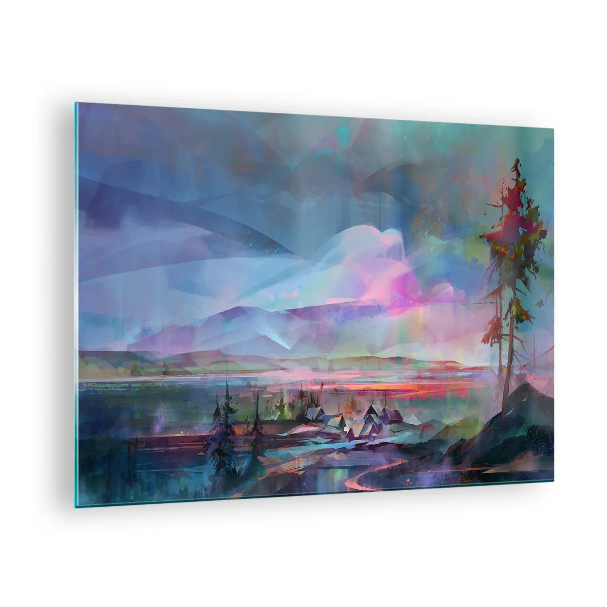 Obraz na skle - Farebná krajina s horami a chatkami v surrealistickom štýle. - 70x50cm - Pod priateľským nebom - Moderná nástenná dekorácia do obývacej izby a spálne ARTTOR