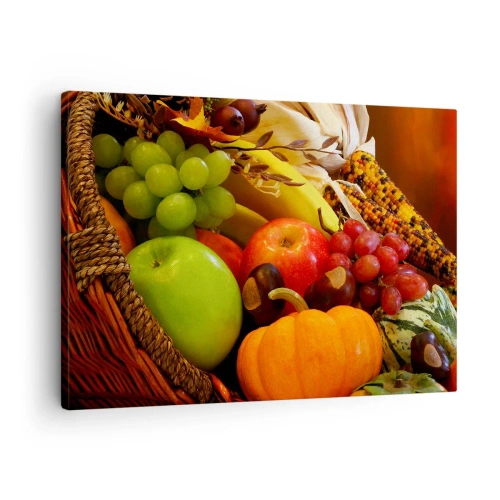 Obraz na plátne - Košík s ovocím, tekvicami a kukuricou na pozadí jesenných farieb. - 70x50cm - Košík úrody - Moderná nástenná dekorácia do obývacej izby a spálne ARTTOR