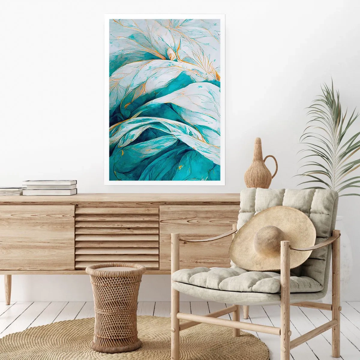 Plagát - Modrá abstrakcia so zlatým motívom - 50x70 cm