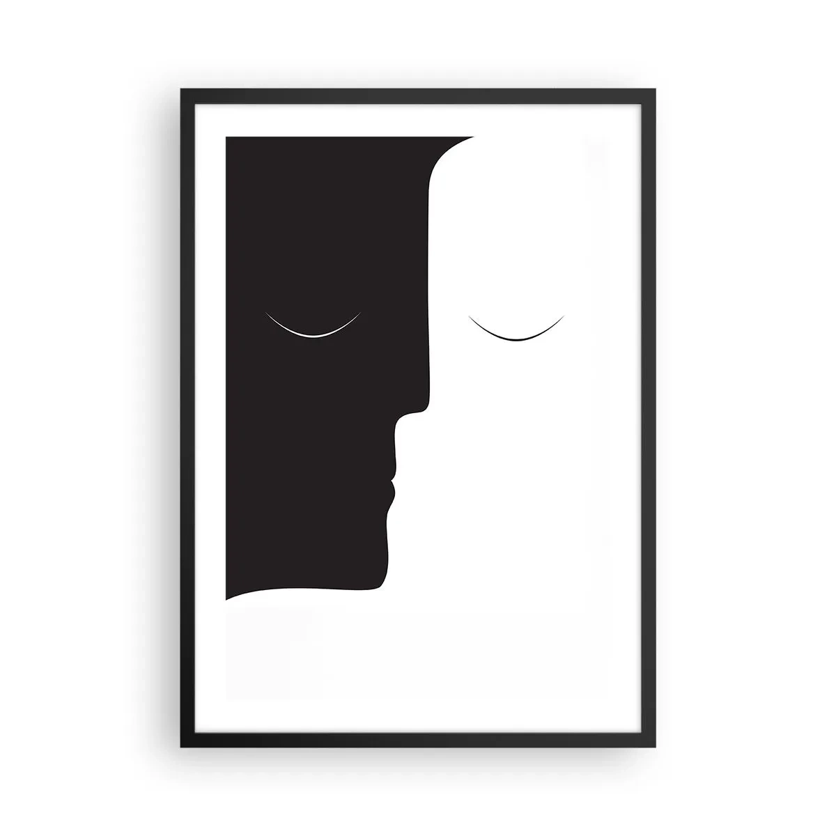Plagát v čiernom ráme - Minimalistická grafika dvoch tvárí v čiernobielej farbe vytvárajúcich jednotu. - 50x70cm - Jednota protikladov - Moderná nástenná dekorácia do obývacej izby a spálne ARTTOR