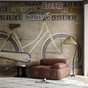 Fototapeta Standard Eco - Retro bicykel pri stene s poznávacími značkami - 100x70cm - Žiadne komplexy - Moderná nástenná dekorácia do obývacej izby a spálne ARTTOR
