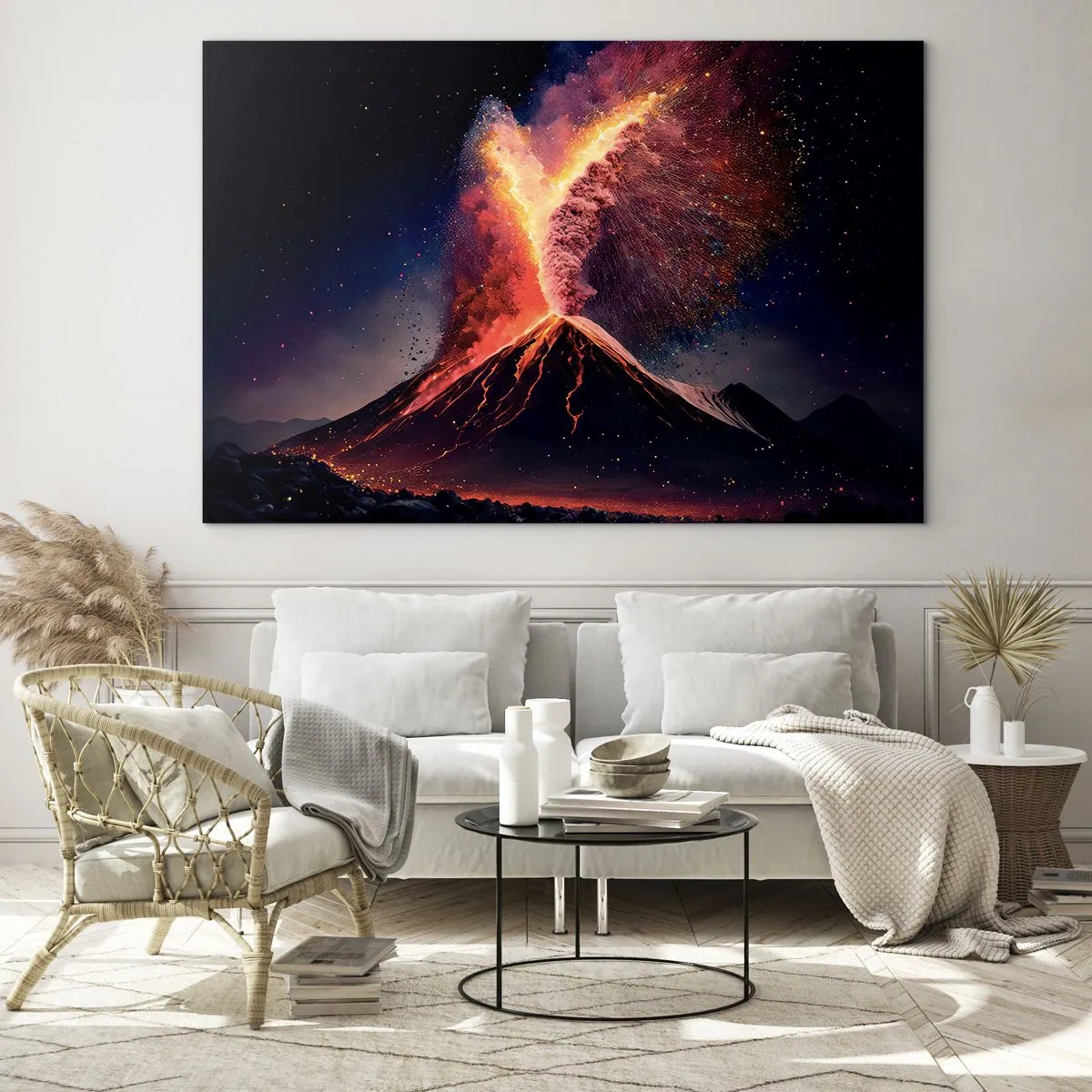 Obraz na skle - Vybuchujúca sopka s lávou a farebným oblakom prachu - 70x50cm - Krása a hrôza - Moderná nástenná dekorácia do obývacej izby a spálne ARTTOR