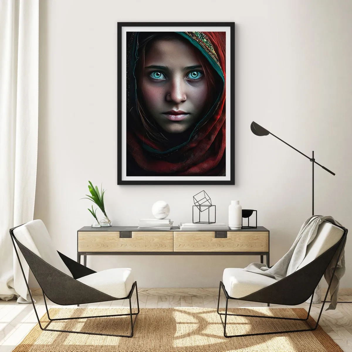 Plagát v čiernom ráme - Portrét dievčaťa v červenom šále s hypnotizujúcimi očami - 50x70cm - Východná princezná - Moderná nástenná dekorácia do obývacej izby a spálne ARTTOR