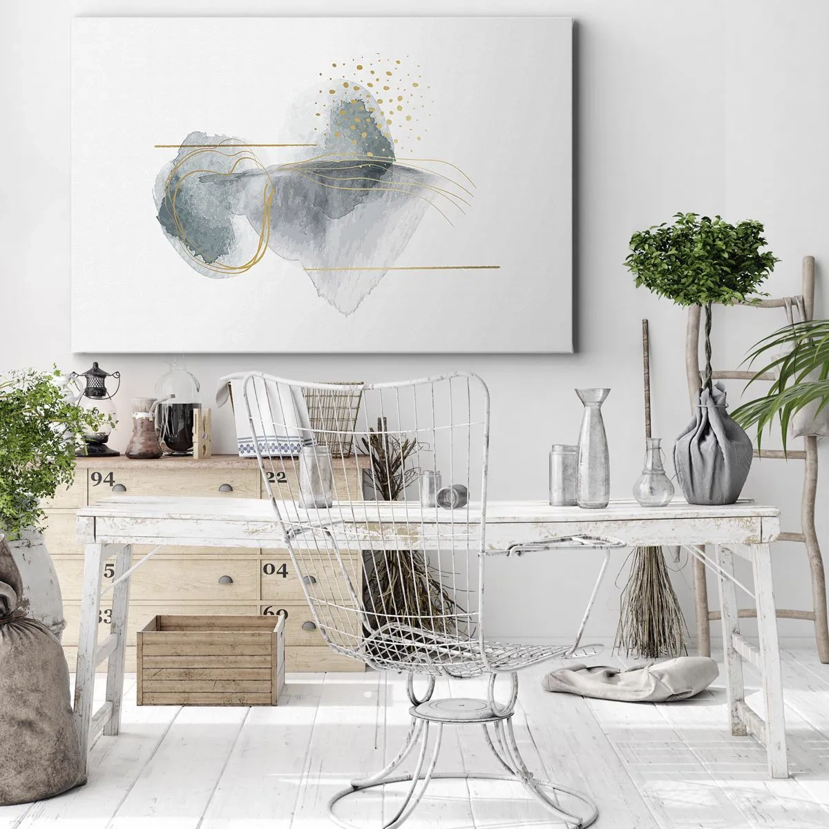 Obraz na plátne - Abstraktná kompozícia v odtieňoch tyrkysovej a zlatej. - 70x50cm - O vzťahu medzi šedou a zlatou - Moderná nástenná dekorácia do obývacej izby a spálne ARTTOR