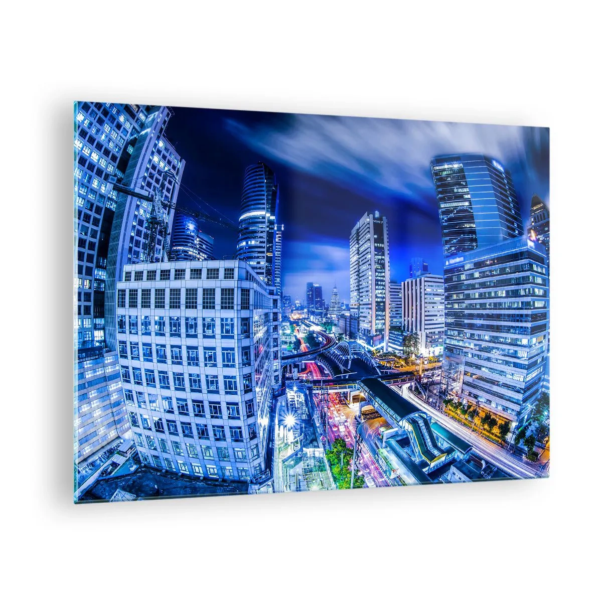 Obraz na skle - Panoráma moderného mesta v noci s jasnými svetlami - 70x50cm - Rytmy nočného mesta - Moderná nástenná dekorácia do obývacej izby a spálne ARTTOR