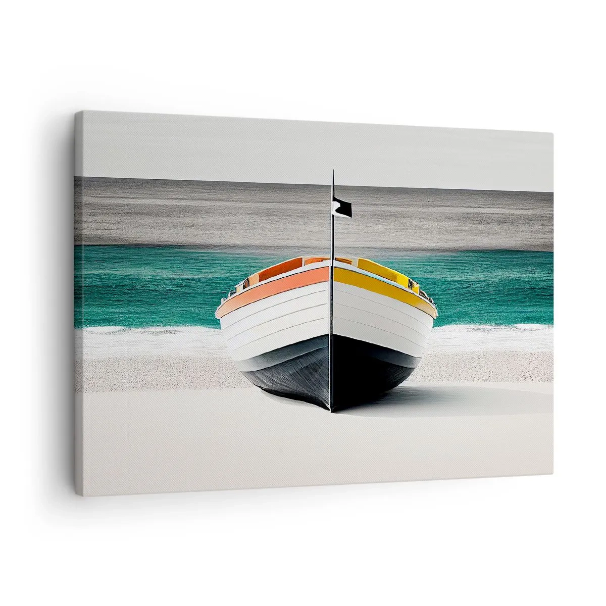 Obraz na plátne - Loď na pláži s tyrkysovým morom v pozadí - 70x50cm - Na správnom mieste - Moderná nástenná dekorácia do obývacej izby a spálne ARTTOR