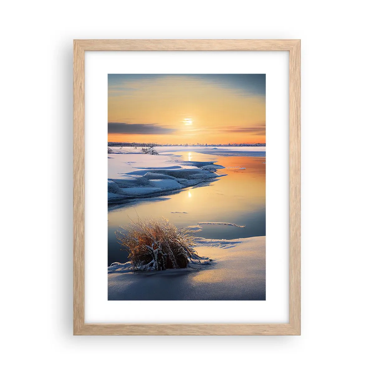 Plagát v ráme zo svetlého duba - Zimný západ slnka - 30x40 cm
