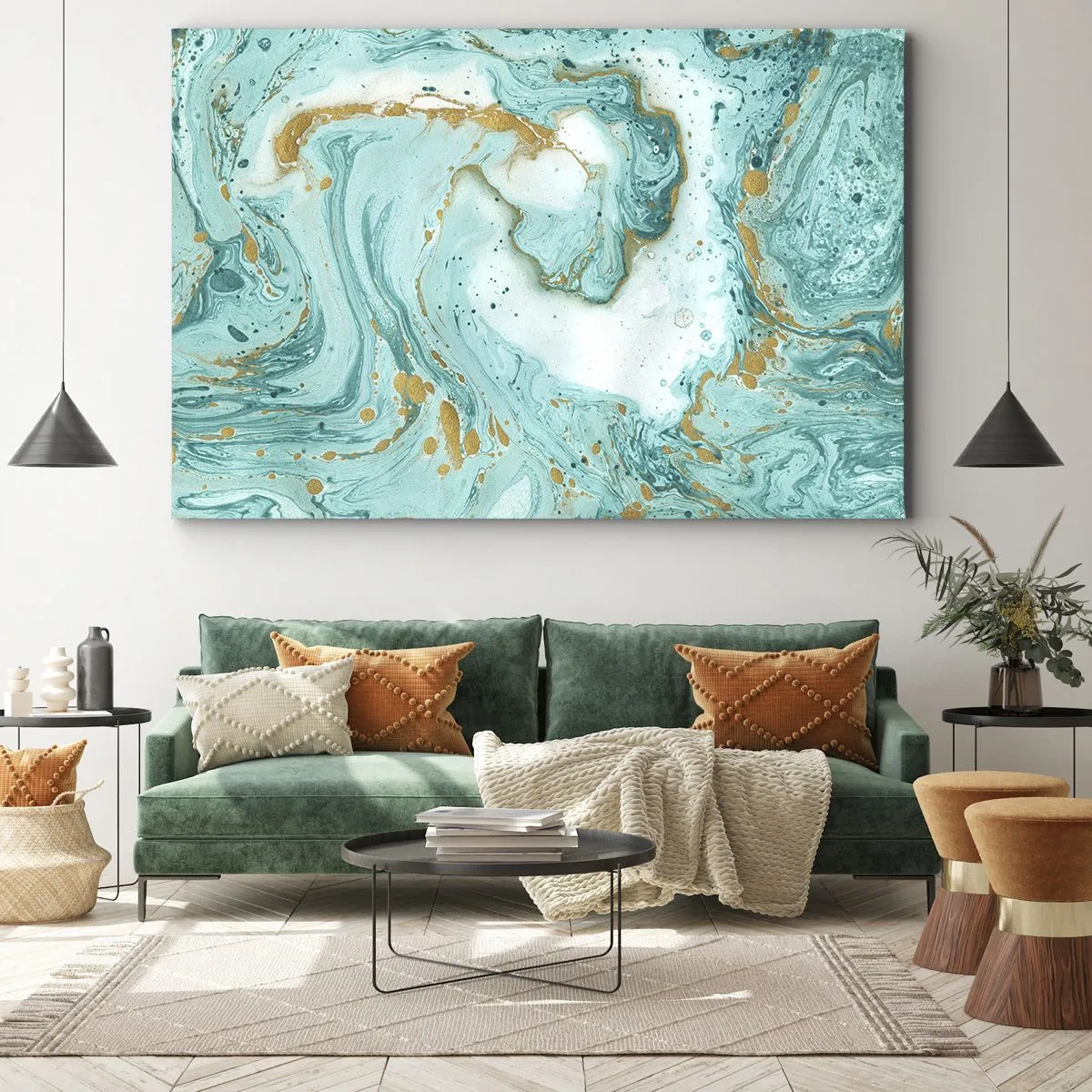 Obraz na plátne - Tyrkysový mramor so zlatými akcentmi v abstraktnej kompozícii - 70x50cm - Pod veľkou vlnou z epochy Edo - Moderná nástenná dekorácia do obývacej izby a spálne ARTTOR
