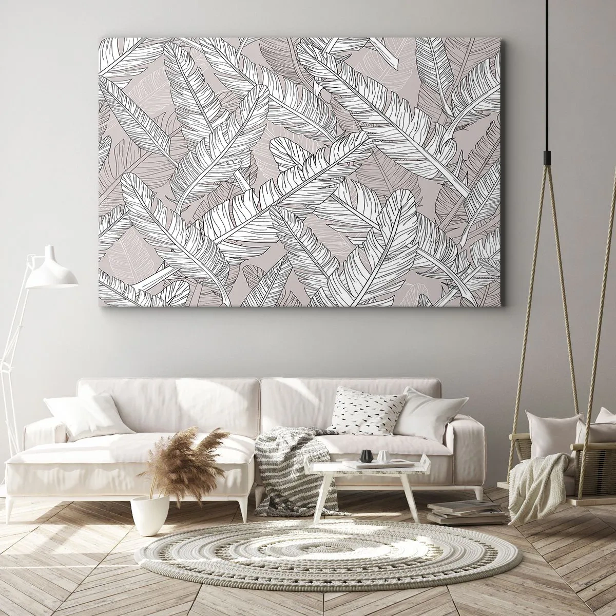 Obraz na plátne - Čiernobiely vzor s banánovými listami na svetlom pozadí - 70x50cm - Vírenie peria - Moderná nástenná dekorácia do obývacej izby a spálne ARTTOR