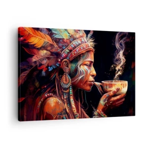 Obraz na plátne - Farebná postava v etnickom štýle s šálkou horúceho nápoja - 70x50cm - Magický rituál - Moderná nástenná dekorácia do obývacej izby a spálne ARTTOR