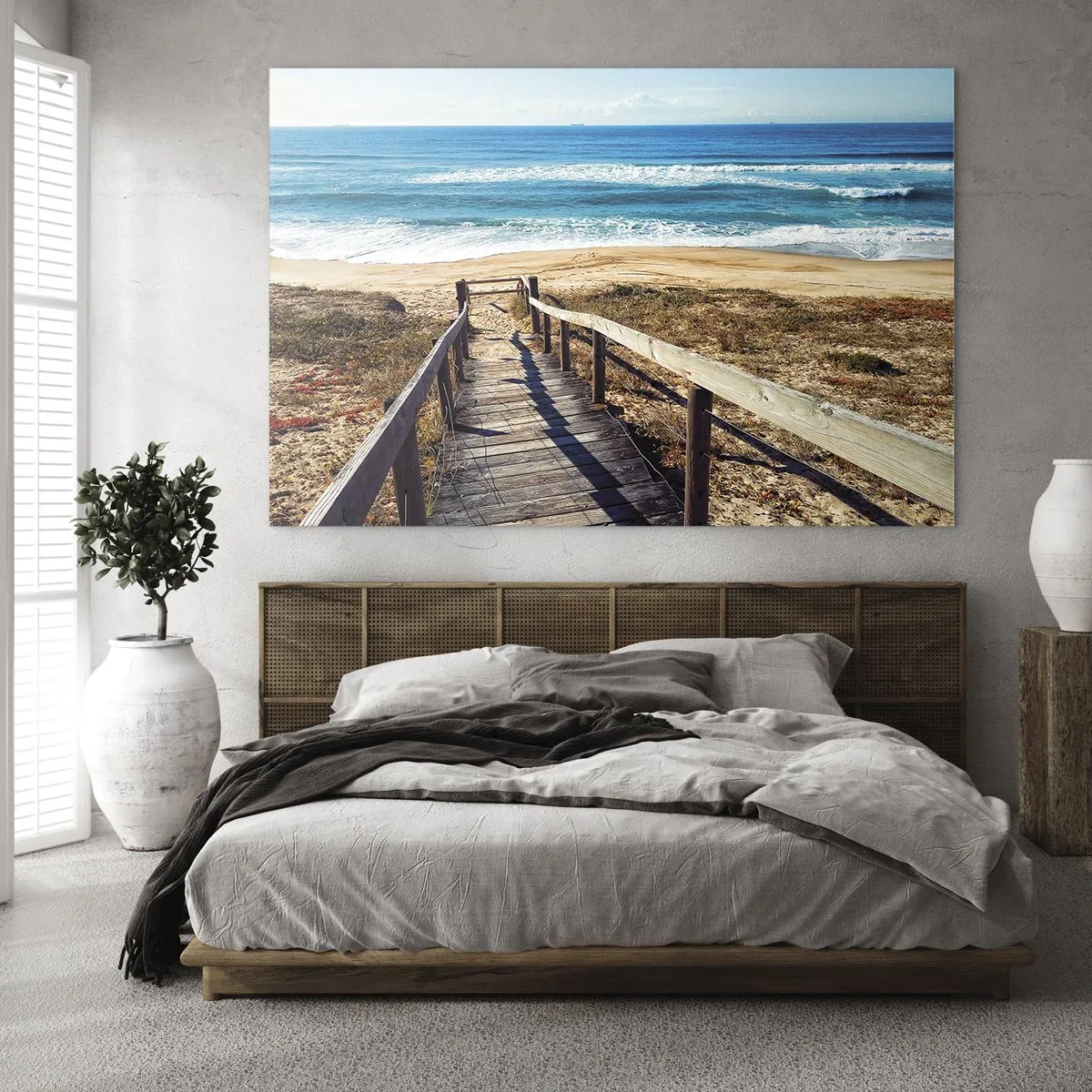 Obraz na skle - Drevený chodník vedúci na pláž s výhľadom na oceán - 70x50cm - Bež! - Moderná nástenná dekorácia do obývacej izby a spálne ARTTOR