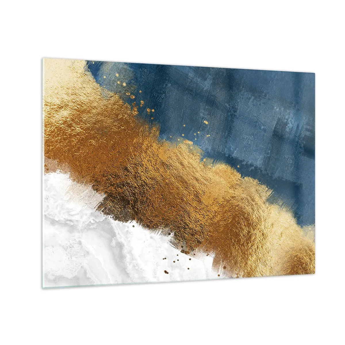 Obraz na skle - Zlaté ťahy farby na námorníckom modrom a bielom pozadí - 70x50cm - Farby leta - Moderná nástenná dekorácia do obývacej izby a spálne ARTTOR