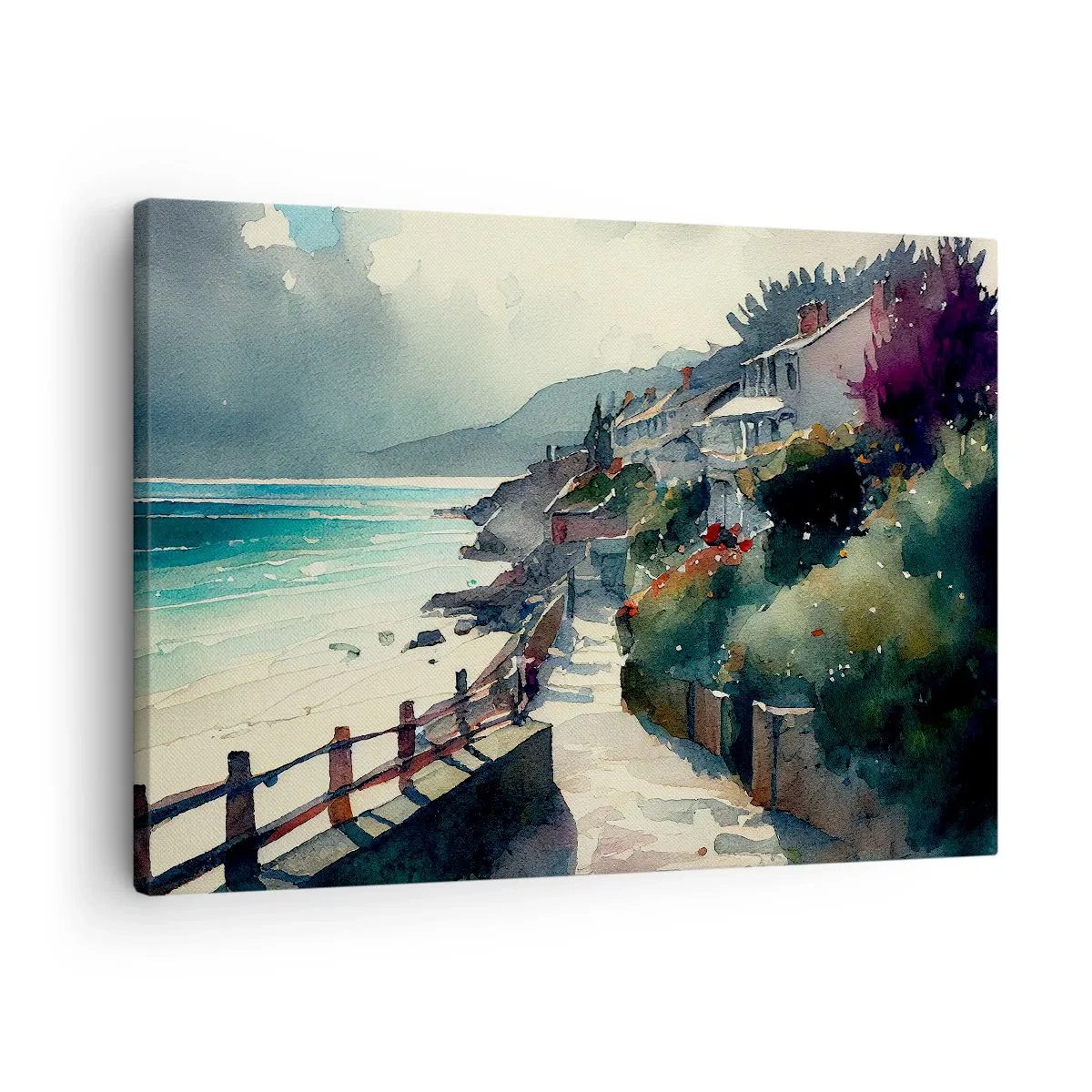 Obraz na plátne - Prímorská promenáda s domami a vegetáciou - 70x50cm - Stredomorské mestečko - Moderná nástenná dekorácia do obývacej izby a spálne ARTTOR