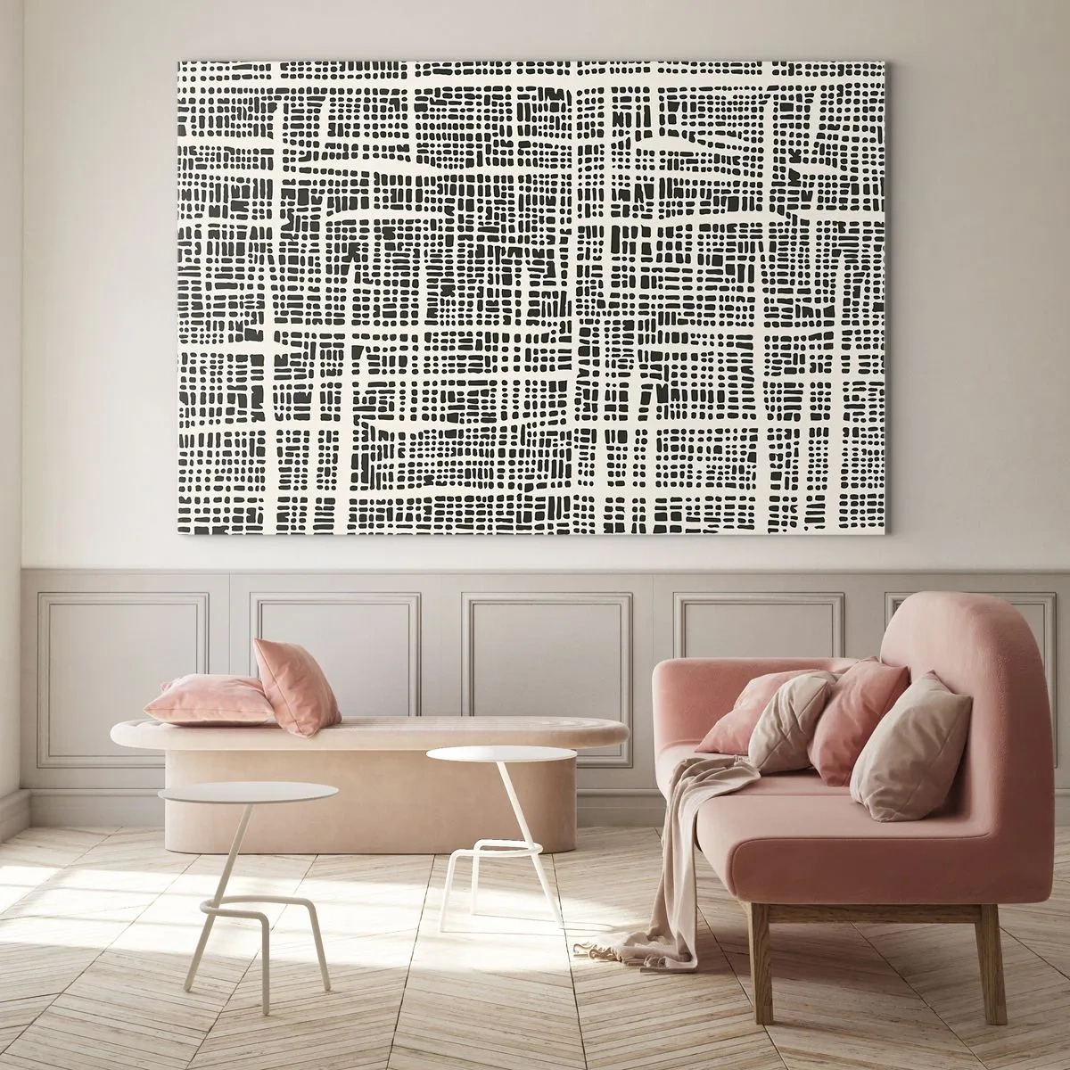 Obraz na skle - Čiernobiela abstrakcia pripomínajúca mriežku bodiek. - 70x50cm - Tkaná kompozícia - Moderná nástenná dekorácia do obývacej izby a spálne ARTTOR