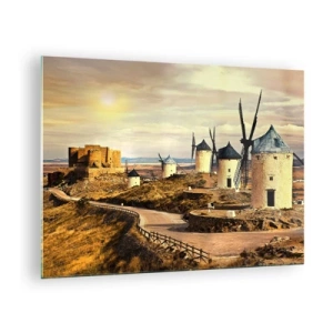 Obraz na skle - Veterné mlyny a hrad v krajine pri západe slnka - 70x50cm - Čoskoro sa objaví Don Quijote - Moderná nástenná dekorácia do obývacej izby a spálne ARTTOR