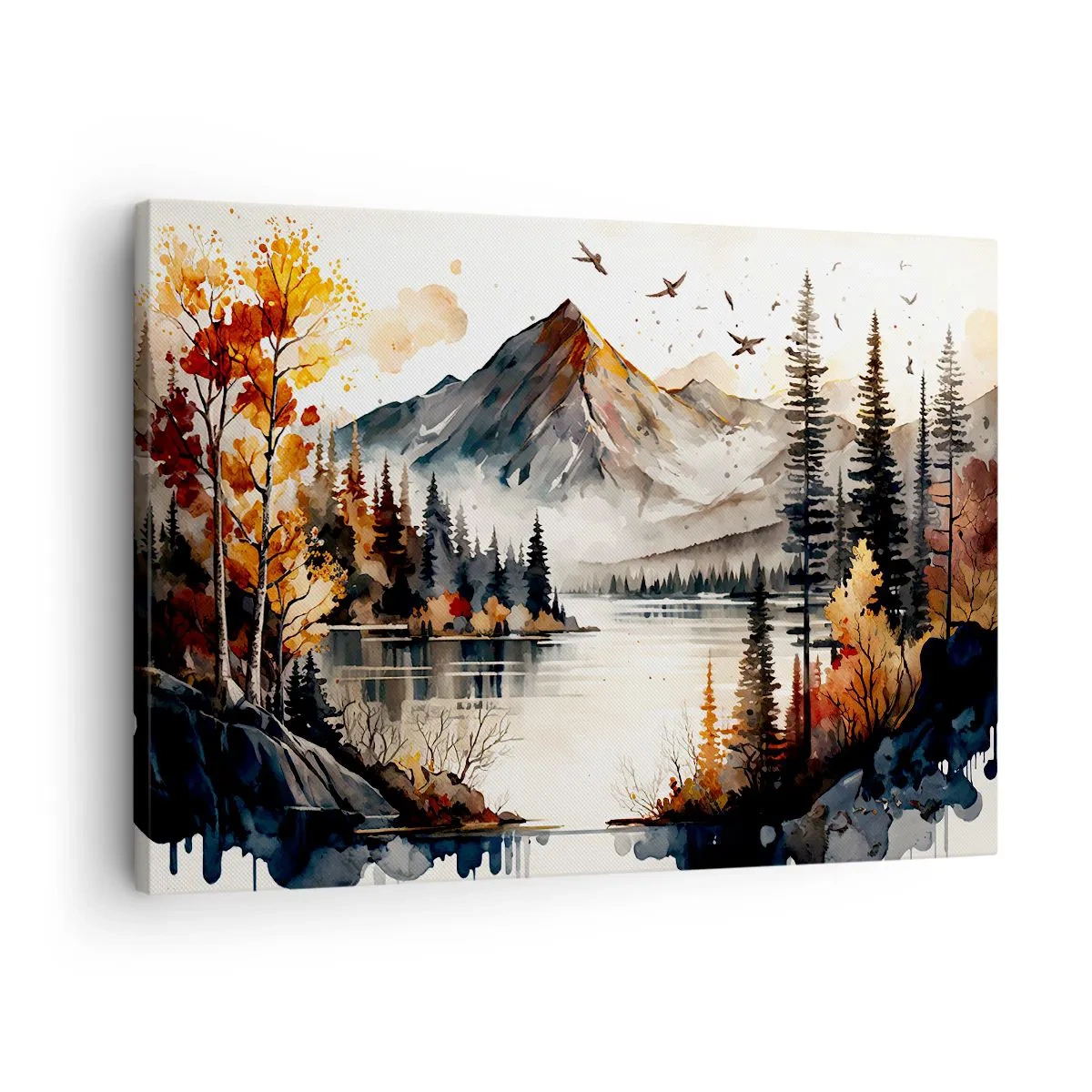 Obraz na plátne - Jesenná horská krajina s jazerom a stromami v akvarelových farbách - 70x50cm - Zlatá jeseň na horách - Moderná nástenná dekorácia do obývacej izby a spálne ARTTOR