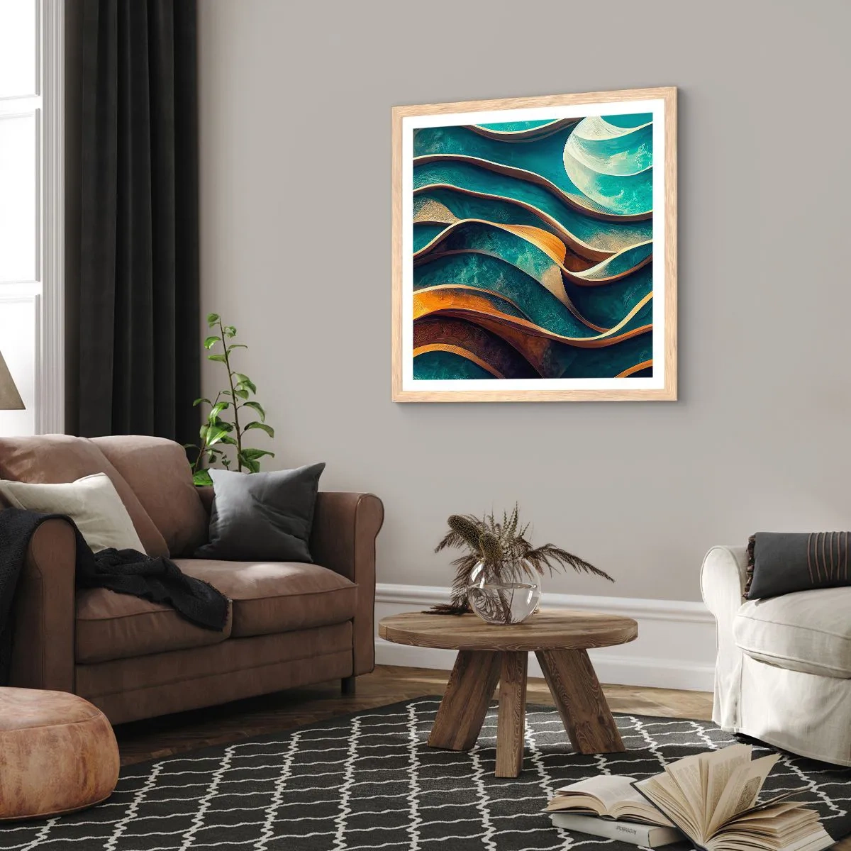 Plagát v ráme zo svetlého duba - Meandre modrej - 60x60 cm