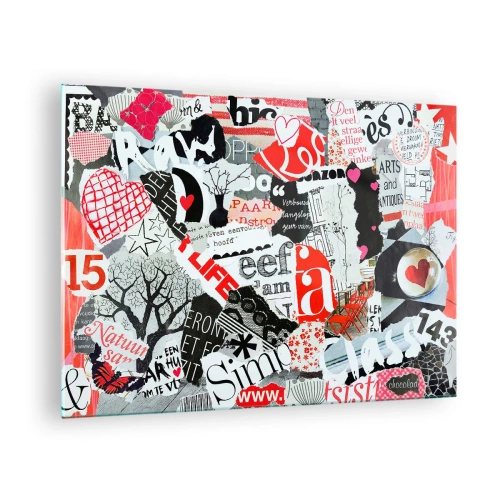 Obraz na skle - Koláž písmen, srdiečok a stromov v umeleckom štýle. - 70x50cm - Hipsterská koláž - Moderná nástenná dekorácia do obývacej izby a spálne ARTTOR