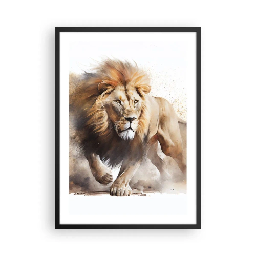 Plagát v čiernom ráme - Majestátny lev v pohybe v maliarskom štýle - 50x70cm - Kráľ sa pohol - Moderná nástenná dekorácia do obývacej izby a spálne ARTTOR