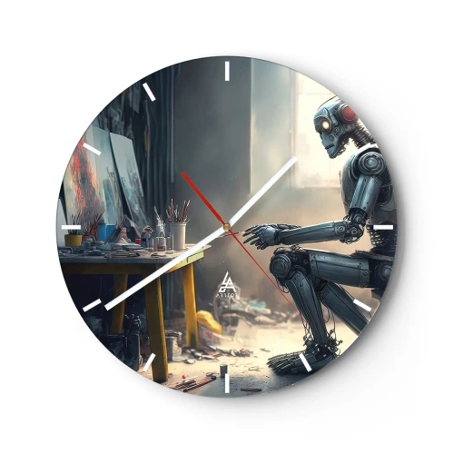 Nástenné hodiny - Robot za maliarskym stolom v umeleckom ateliéri - 30x30cm - Akt stvorenia - Moderná nástenná dekorácia do obývacej izby, kuchyne a spálne ARTTOR