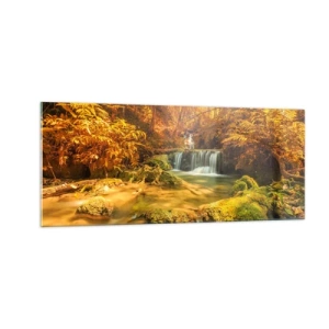 Obraz na skle - Lesný vodopád v zlate - 100x40 cm